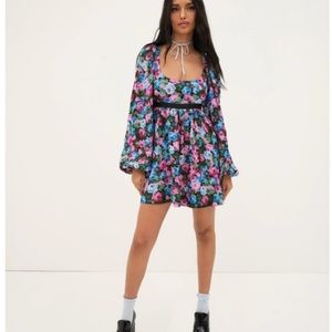 For Love And Lemons Blue and Pink Mini Sundress with Bishop Sleeves